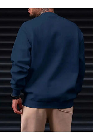 Erkek Lacivert Oversize Whatever Baskılı Bisiklet Yaka