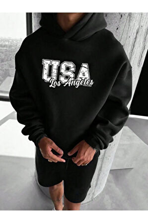 Erkek Siyah Usa Losangeles Baskılı Oversize Sweatshirt