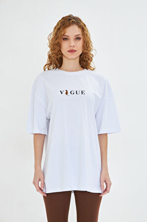 Kadın Vogue  Baskılı %100 Pamuk Oversize Kadın Tişört