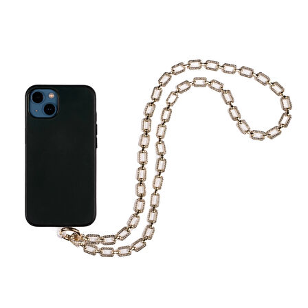 Lopard Taş İşlemeli Metal Zincir Cep Telefonu El Askısı 85cm