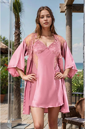 Kadın Giyim Dantel Detaylı Mini Yıldız Detaylı Gecelik & Kuşaklı Sabahlık 2'li Takım LL.F01.AA.L030