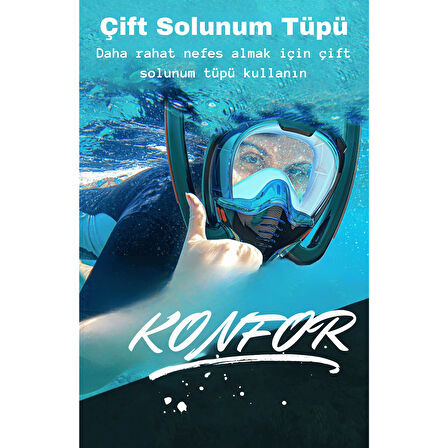 TechTic Çift Tüp Silikon Şnorkel Tam Yüz Dalış Maskesi Fullface Buğu Önceliyici Anti Sızıntı Gopro 