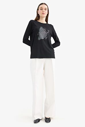 DeFacto Regular Fit Bisiklet Yaka Sim Baskılı Uzun Kollu Tişört E7123AX25SMBK81