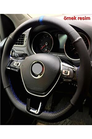 Renault Megane 1 Uyumlu Alkantara Mavi Yüzüklü Dikmeli Direksiyon Kılıfı