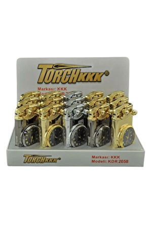 Gold Saat Desenli Çift Torch Pürmüz Metal Puro Çakmağı