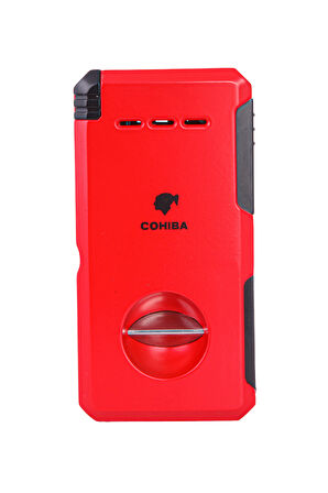 Çift Torch Dahili Açıcı & V Kesici Kırmızı Metal Puro Çakmağı