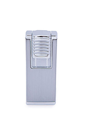 Çift Torch Pürmüz Fırçalı Gümüş Metal Puro Çakmağı