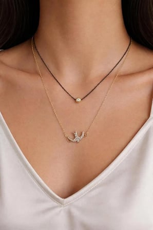 Kuş Figürlü Tek Taşlı 2 renkli Çift Zincir Gold Rengi Kolye