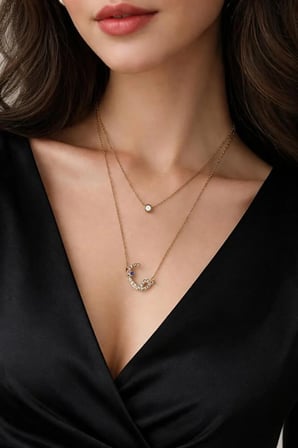 Tek Taşlı Vav Harfli 2 li Zincir Gold Rengi Kolye
