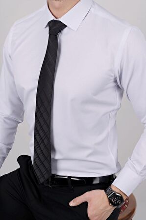 Gömlek Kravat Seti ( sunda Siyah Baklava Desenli Kravat & Beyaz Saten Slimfit Gömlek)