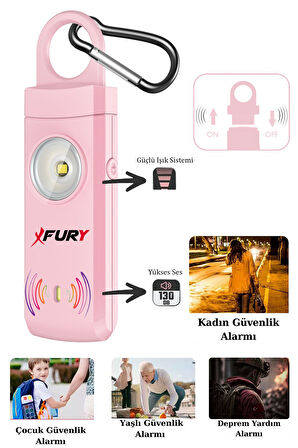 FURY Kişisel Güvenlik Alarmı Ve Anahtarlık - 130db Yüksek Sesli, Işıklı, Şarj Edilebilir, PEMBE