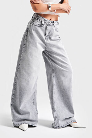 Kadın Gri Kot Rengi 4S5-12 Mega Baggy Fit Bol Kesim %100 Koton Denim Jean