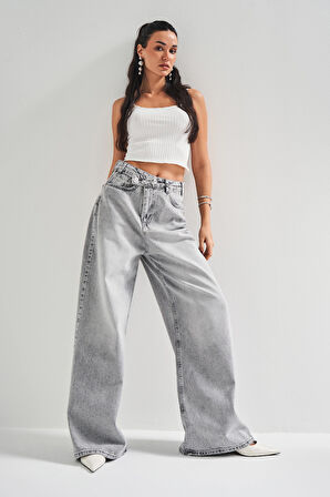 Kadın Gri Kot Rengi 4S5-12 Mega Baggy Fit Bol Kesim %100 Koton Denim Jean