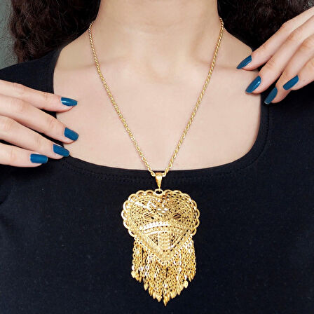 Altın Kaplama Hint Model Kalpli  Kadın Kolye 45 cm KLY-281