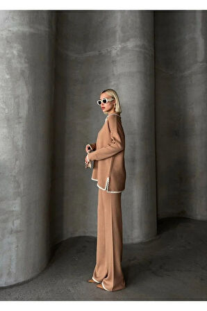 Şerit Detaylı Yüksek Bel Geniş Paça Pantolon Alt Üst Triko Takım