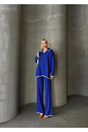 Şerit Detaylı Yüksek Bel Geniş Paça Pantolon Alt Üst Triko Takım