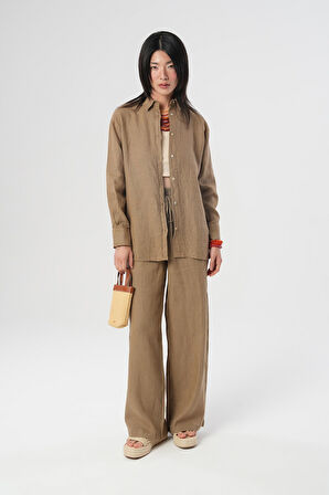 KADIN %100 KETEN YANLARI DÜĞME DETAYLI GÖMLEK