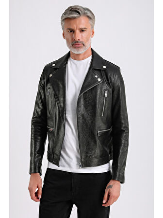 Judah Erkek Siyah Jumbo Biker Deri Mont