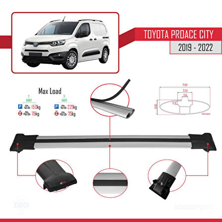 Toyota Proace City 2019-2022 Arası ile Uyumlu FLY Model Ara Atkı Tavan Barı Gri 2 Adet
