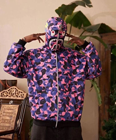 Unisex 2 İplik Bape Kapüşonu Fermuarlı Hırka - Mor