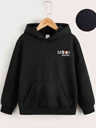 Çocuk Unisex Kapüşonlu Ön ve Arka Moon Special Baskılı Sweatshirt - Siyah