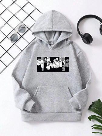 Çocuk Unisex Kapüşonlu Koyu Anime Baskılı Sweatshirt - Gri