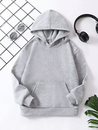 Çocuk Unisex Kapüşonlu Düz Renk Pamuklu Sweatshirt - Gri