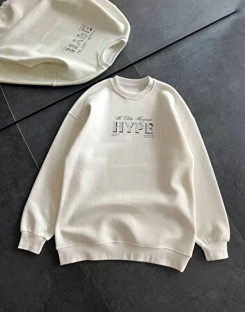 Kadın Üç İplik Bisiklet Yaka Baskılı SweatShirt - Beyaz