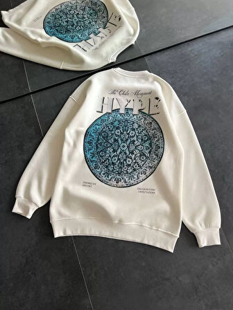 Kadın Üç İplik Bisiklet Yaka Baskılı SweatShirt - Beyaz