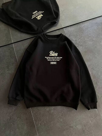 Kışlık Bisiklet Yaka Ön Ve Arka Baskılı SweatShirt - Siyah