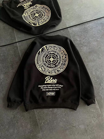 Kışlık Bisiklet Yaka Ön Ve Arka Baskılı SweatShirt - Siyah