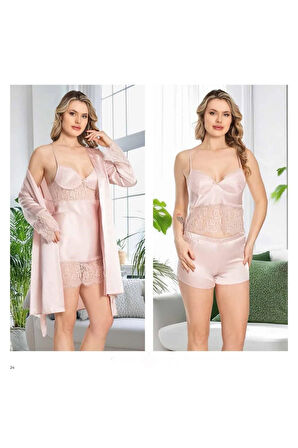 Kadın Ekru Saten Gecelik Sabahlık Pijama Takım Şort Takım 6'lı Set J.ER.3.R.O.Z7.0.E.L.T.