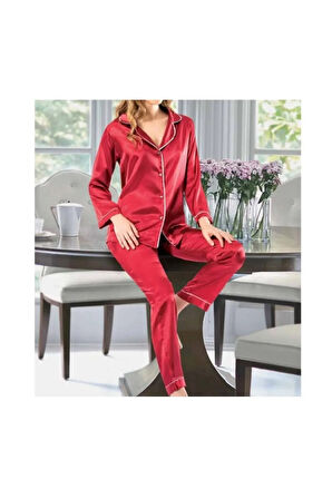 Kadın Şampanya Önden Düğmeli Saten Pijama Takımı N.İ.L.R.O.Z2.E.0.L.4.T.5.T.T