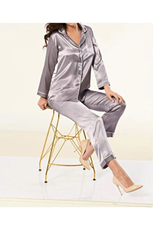 Kadın Şampanya Önden Düğmeli Saten Pijama Takımı N.İ.L.R.O.Z2.E.0.L.4.T.5.T.T
