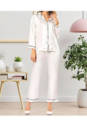 Kadın Şampanya Önden Düğmeli Saten Pijama Takımı N.İ.L.R.O.Z2.E.0.L.4.T.5.T.T