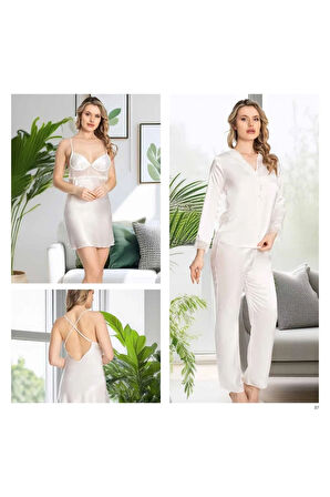Kadın Pudra Saten Gecelik Sabahlık Pijama Takım Şort Takım 6'lı Set J.ER.3.R.O.Z5.5.E.L.T.