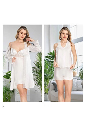 Kadın Pudra Saten Gecelik Sabahlık Pijama Takım Şort Takım 6'lı Set J.ER.3.R.O.Z5.5.E.L.T.