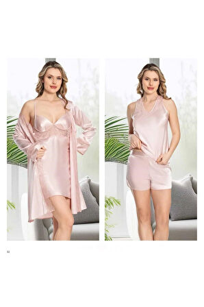Kadın Pudra Saten Gecelik Sabahlık Pijama Takım Şort Takım 6'lı Set J.ER.3.R.O.Z5.5.E.L.T.