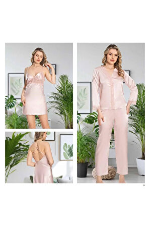 Kadın Pudra Saten Gecelik Sabahlık Pijama Takım Şort Takım 6'lı Set J.ER.3.R.O.Z5.5.E.L.T.