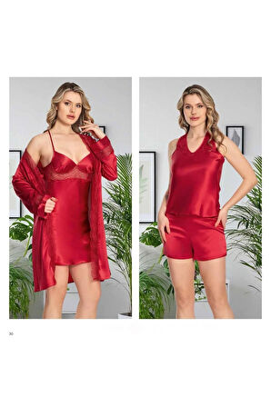 Kadın Pudra Saten Gecelik Sabahlık Pijama Takım Şort Takım 6'lı Set J.ER.3.R.O.Z5.5.E.L.T.