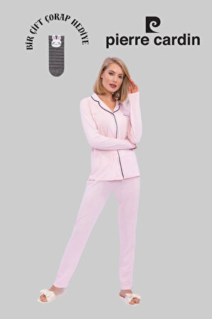 Kadın Gül Kurusu Uzun Kollu, Önden Düğmeli Pijama Takımı 1 Çift Çorap Hediyeli R.O.Z..8.2.E.L.T.8.