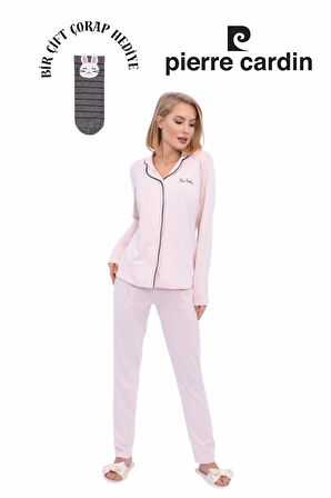 Kadın Gül Kurusu Uzun Kollu, Önden Düğmeli Pijama Takımı 1 Çift Çorap Hediyeli R.O.Z..8.2.E.L.T.8.