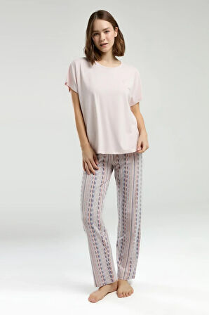 Kadın Pudra Cepli Kısa Kollu Pijama Takımı R.O.8.9.Z.E.5.5..L.T.