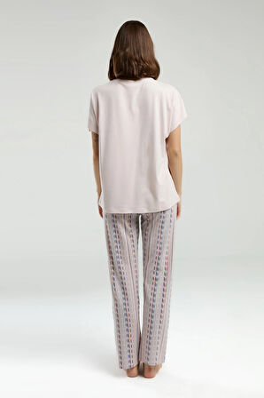Kadın Pudra Cepli Kısa Kollu Pijama Takımı R.O.8.9.Z.E.5.5..L.T.