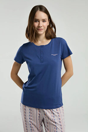 Kadın İndigo Cepli Kısa Kollu Pijama Takımı R.O.8.9.Z.E.5.6..L.T.