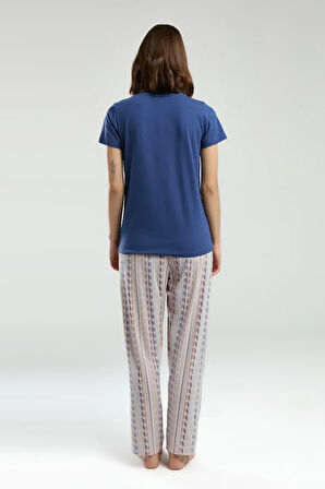 Kadın İndigo Cepli Kısa Kollu Pijama Takımı R.O.8.9.Z.E.5.6..L.T.