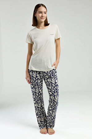 Kadın Bej Desenli Cepli Kısa Kollu Pijama Takımı R.O.8.9.Z.E.7.3..L.T.