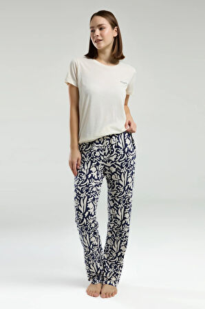 Kadın Bej Desenli Cepli Kısa Kollu Pijama Takımı R.O.8.9.Z.E.7.3..L.T.