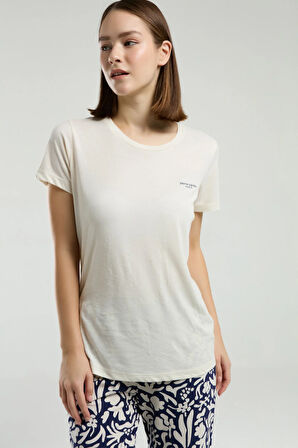 Kadın Bej Desenli Cepli Kısa Kollu Pijama Takımı R.O.8.9.Z.E.7.3..L.T.