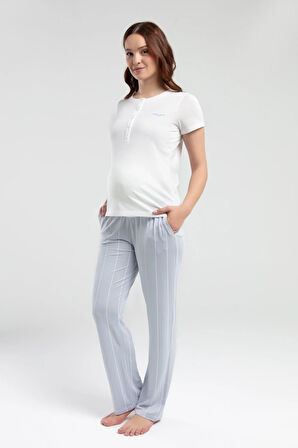 Kadın Beyaz Lohusa Cep Detaylı Kısa Kollu Pijama Takımı R.O.8.9.Z.E.7.6..L.T.